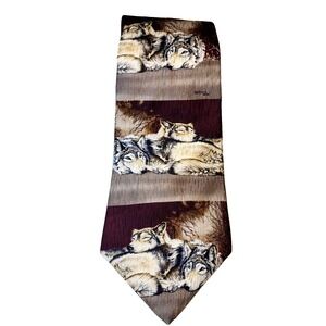 Endangered Species Taupe Burgundy Wolves Textured Silk Pointed Tie Bonnie Marris